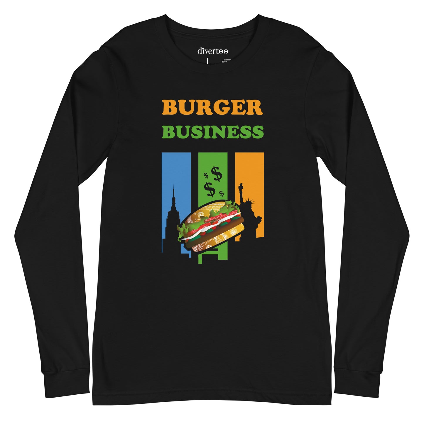 Camiseta negra de manga larga con vibrante gráfico 'Burger Business' con una hamburguesa y el horizonte de la ciudad.