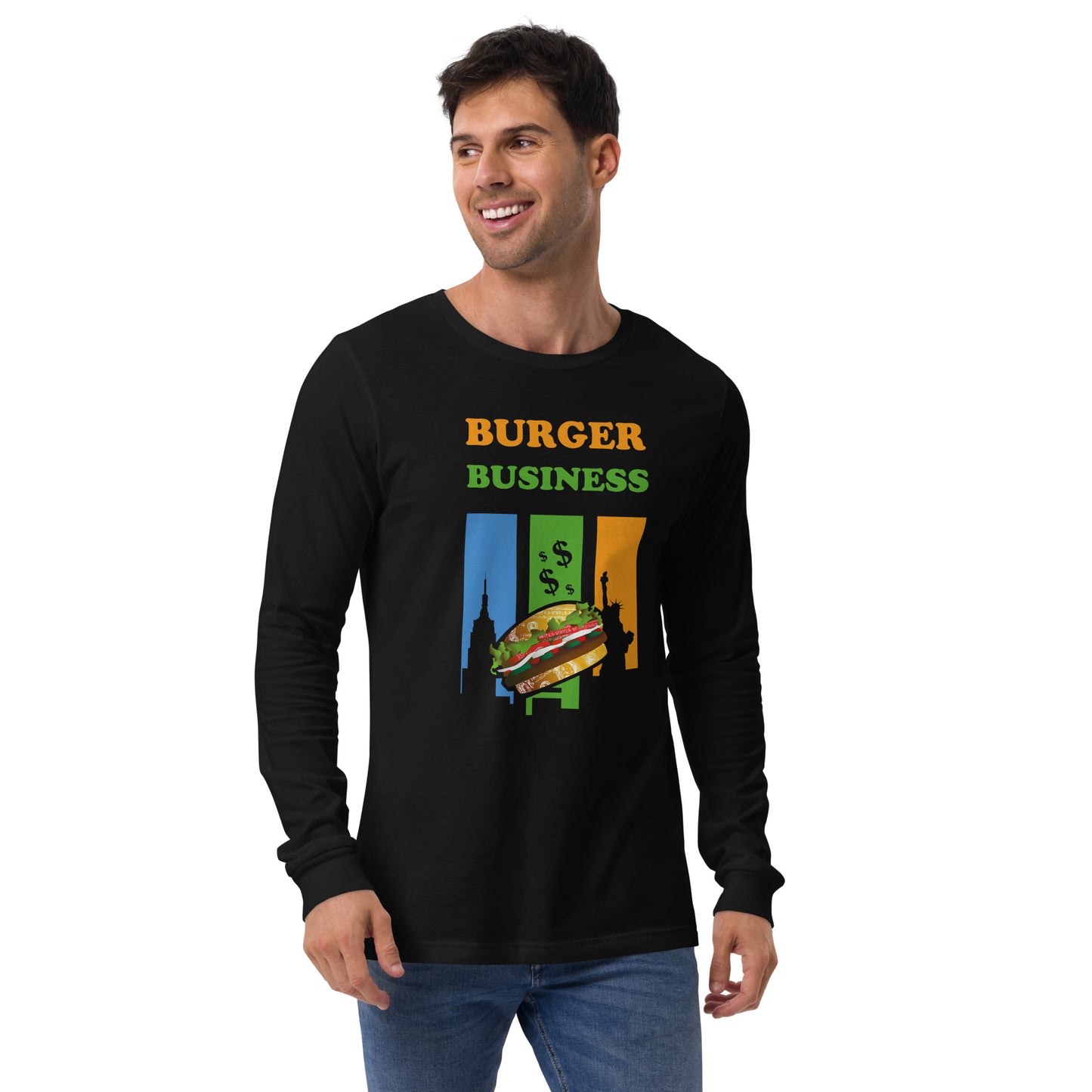 Camiseta negra de manga larga con vibrante gráfico 'Burger Business' con una hamburguesa y el horizonte de la ciudad.