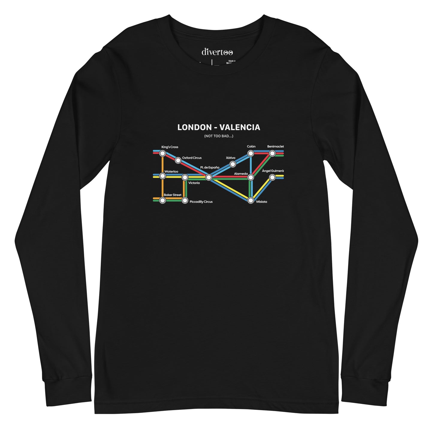 Diseño gráfico de un mapa de metro que representa las conexiones entre Londres y Valencia en una camiseta negra de manga larga