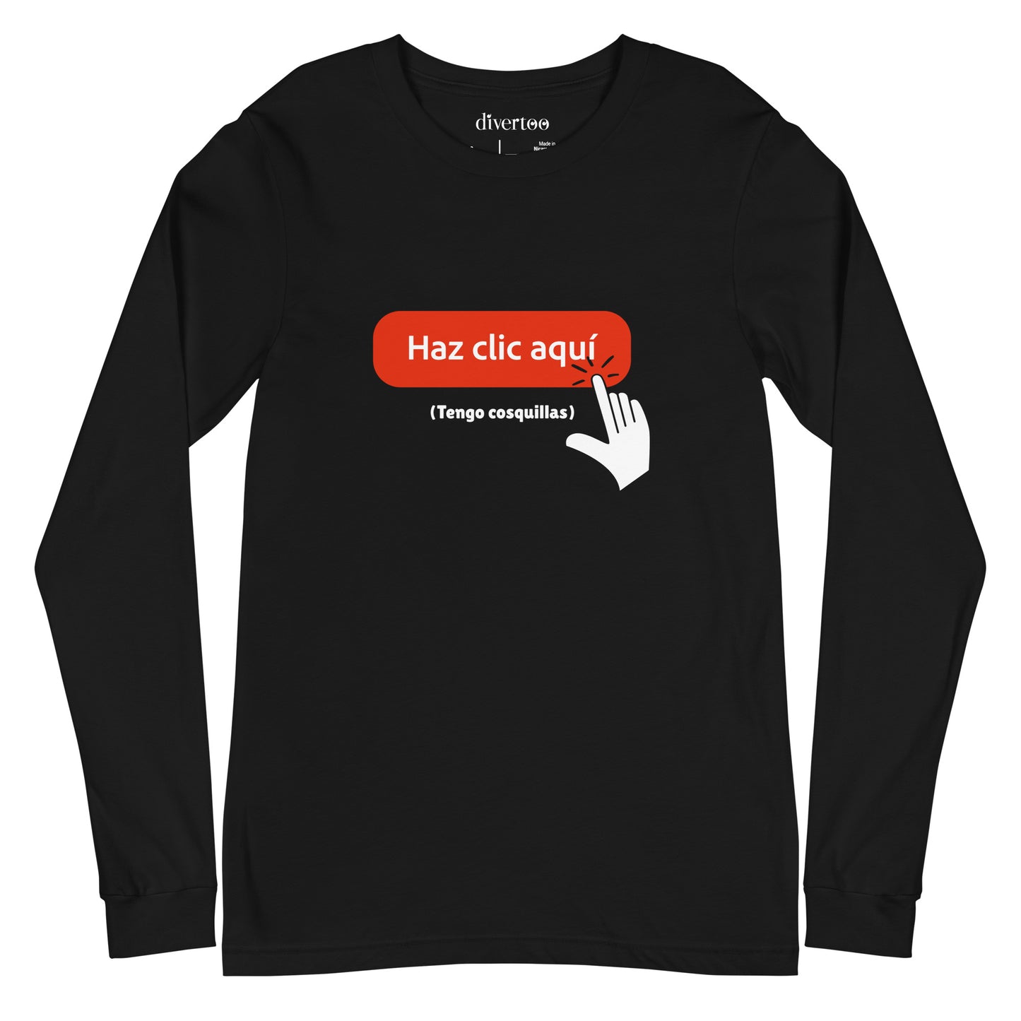 Camiseta negra de manga larga con la ilustración de un botón con el texto "haz clic aquí" y debajo el puntero en forma de mano con el texto "tengo cosquillas"