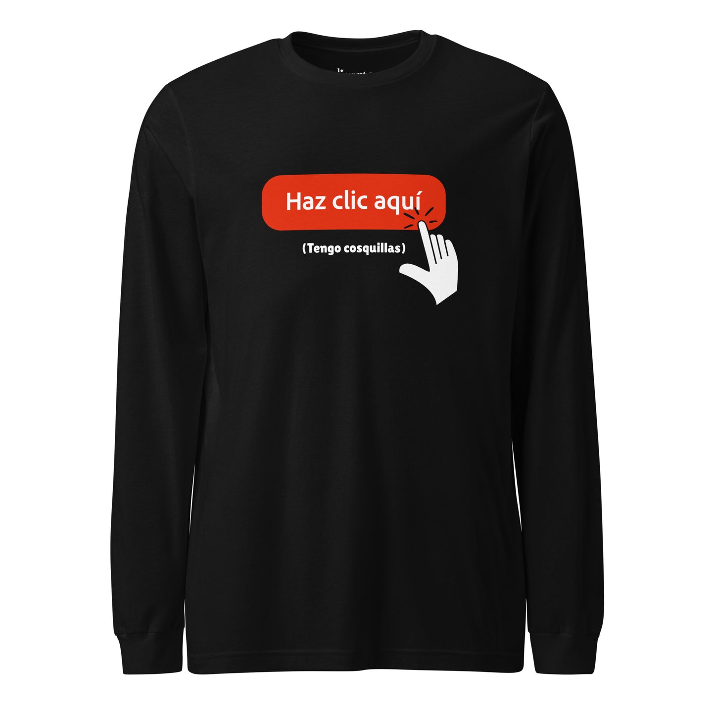 Camiseta negra de manga larga con la ilustración de un botón con el texto "haz clic aquí" y debajo el puntero en forma de mano con el texto "tengo cosquillas"