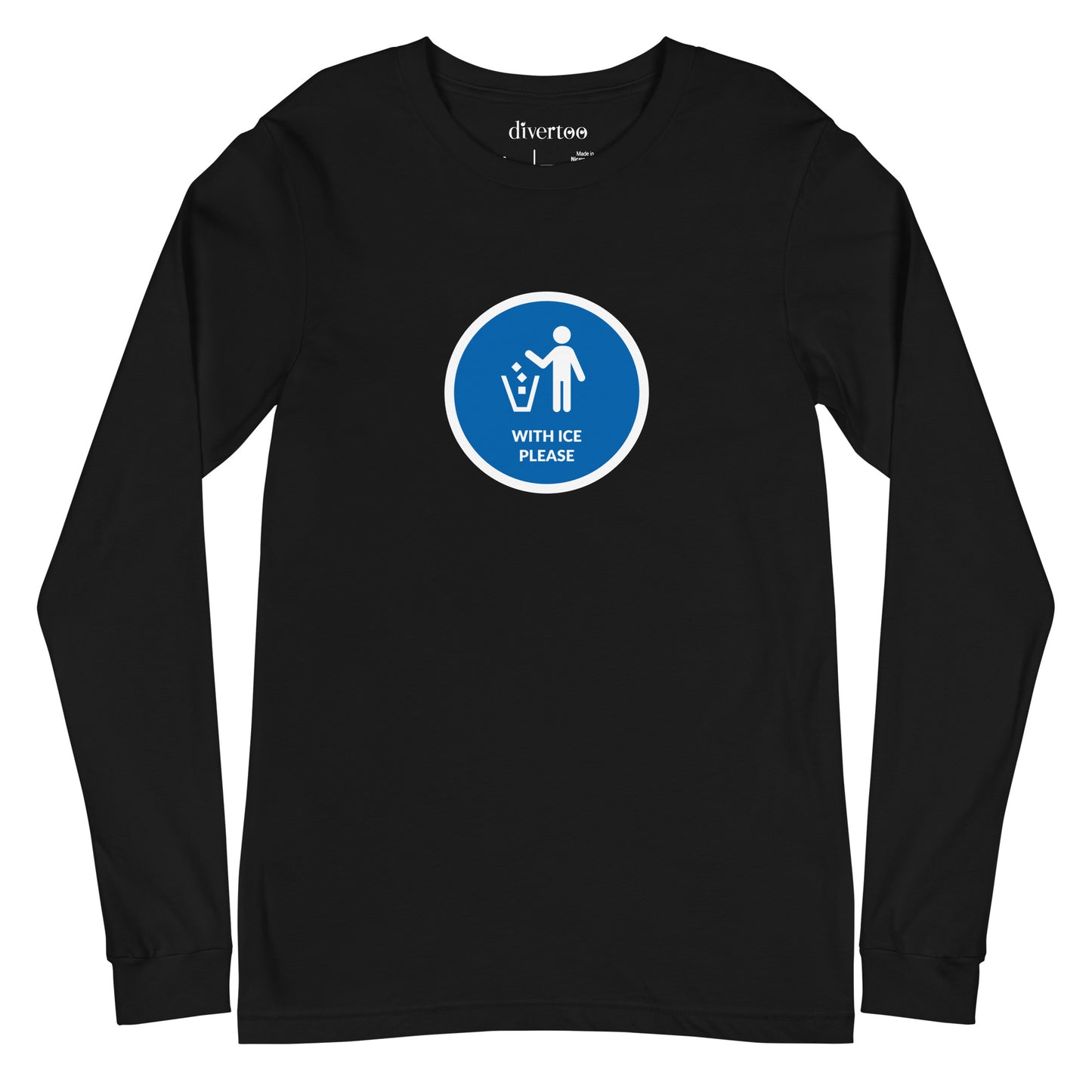 Camiseta negra de manga larga con un gráfico circular azul con persona echando restos a la papelera, con el texto "With ice please"
