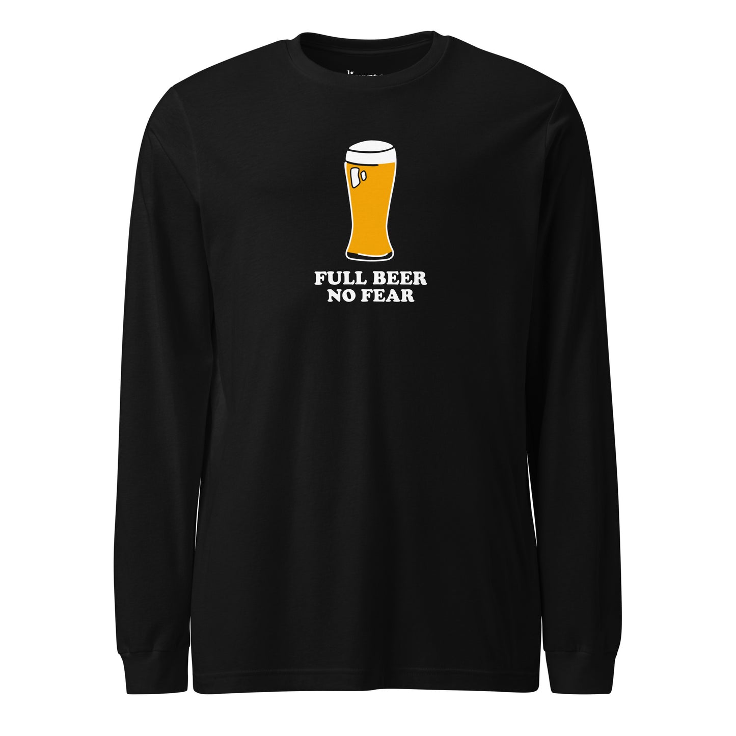 Camiseta negra de manga larga con un gráfico de copa de cerveza con el texto 'FULL BEER NO FEAR'