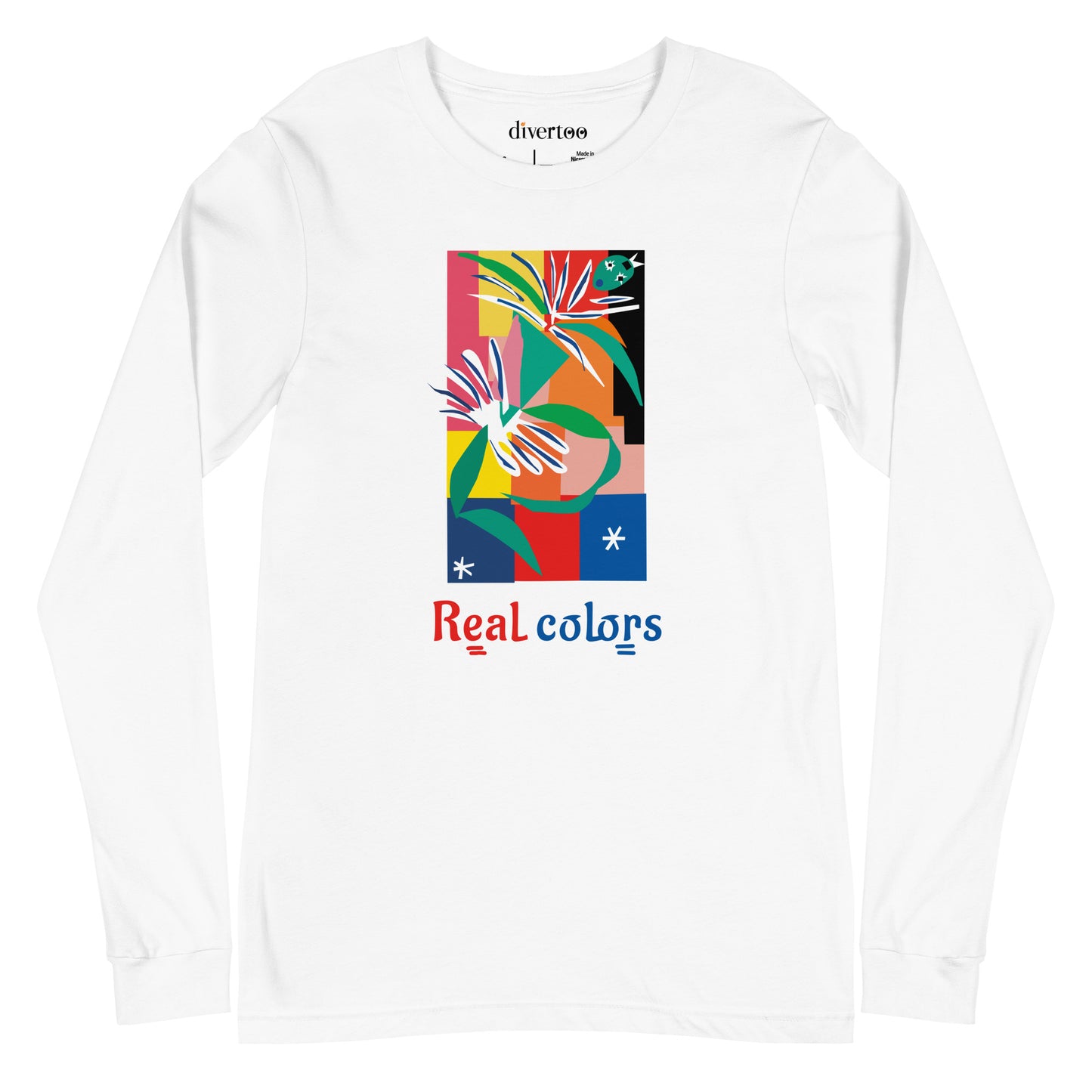 Camiseta blanca de manga larga con un colorido diseño abstracto y el texto "Colores reales".