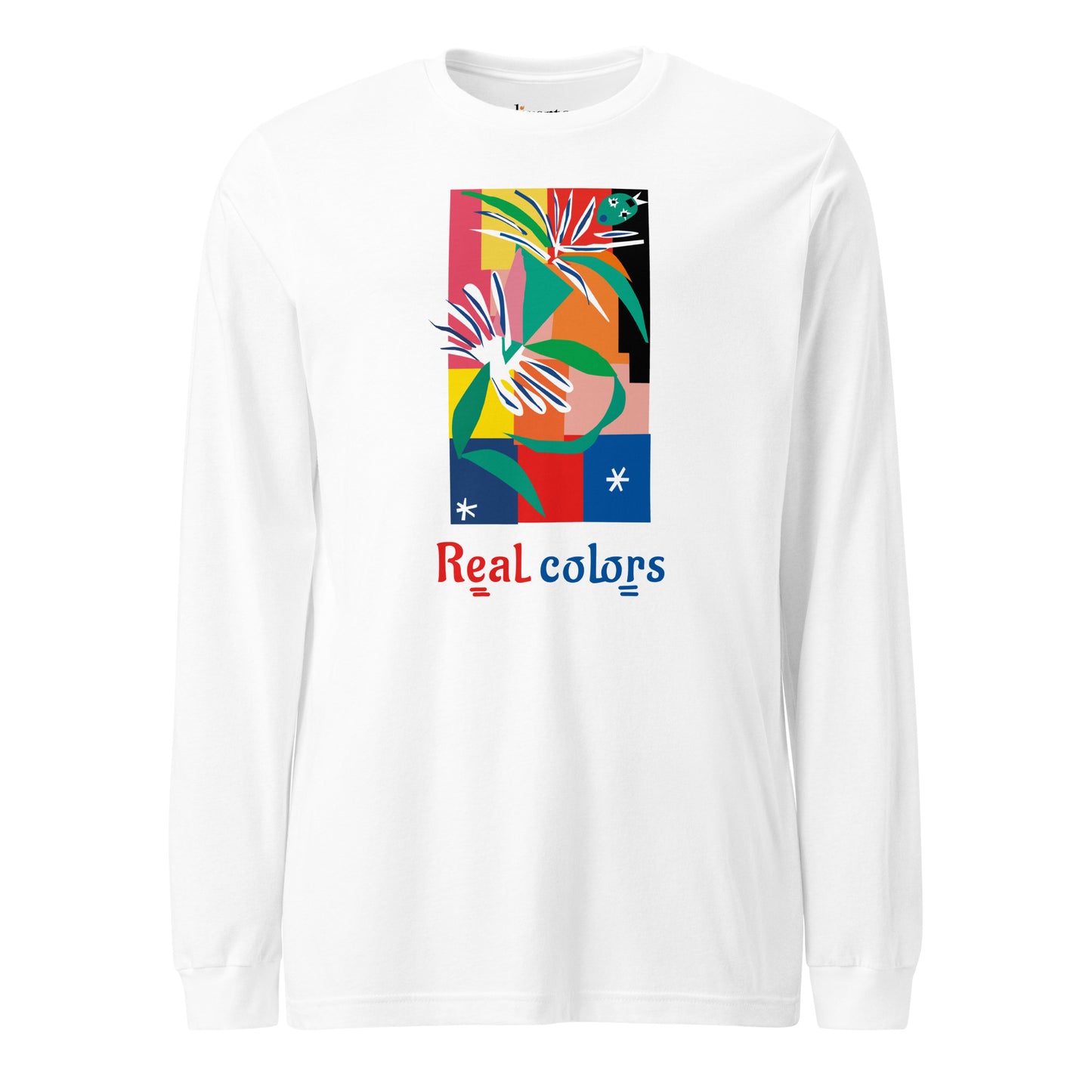 Camiseta blanca de manga larga con un colorido diseño abstracto y el texto "Colores reales".