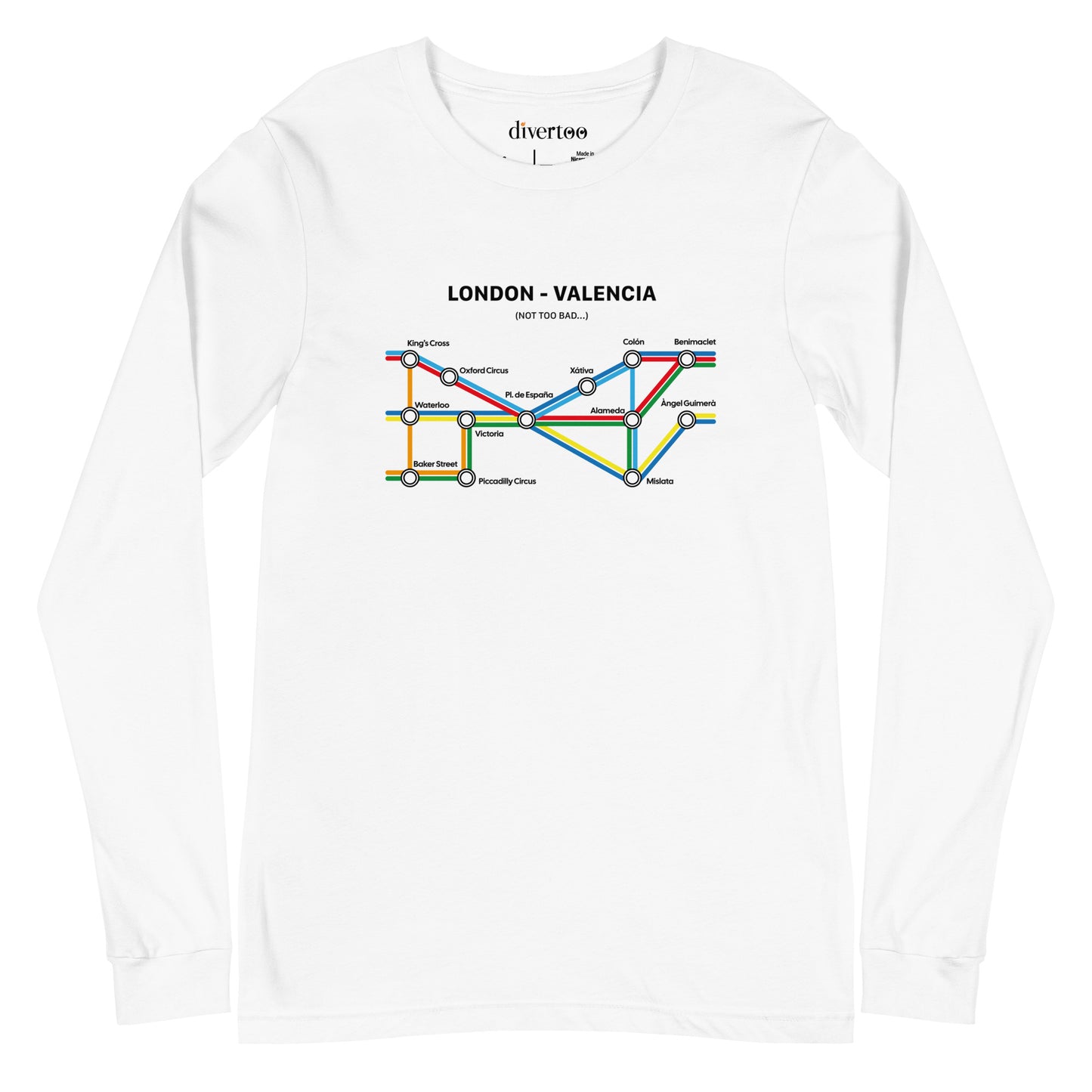 Diseño gráfico de un mapa de metro que representa las conexiones entre Londres y Valencia en una camiseta blanca de manga larga