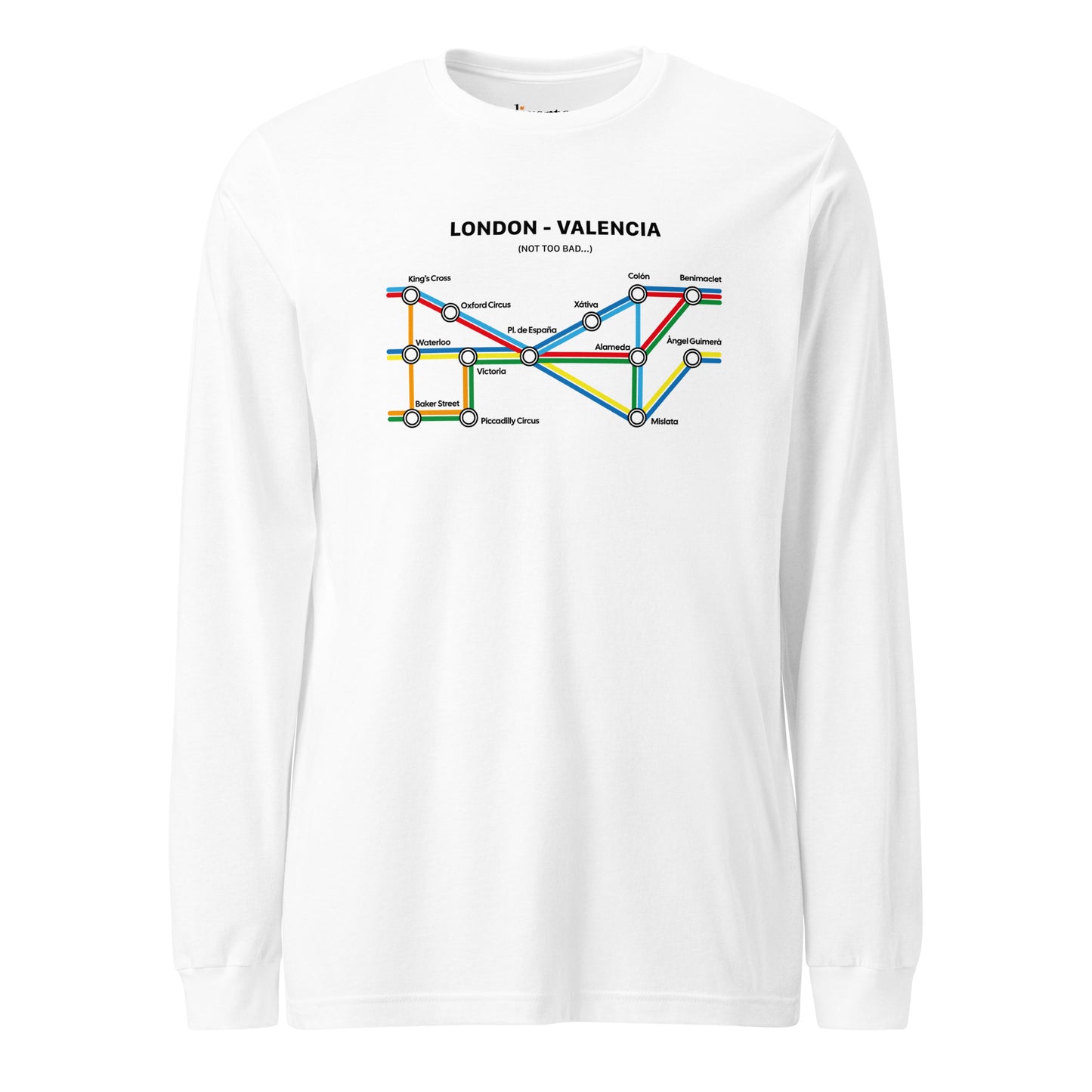 Diseño gráfico de un mapa de metro que representa las conexiones entre Londres y Valencia en una camiseta blanca de manga larga