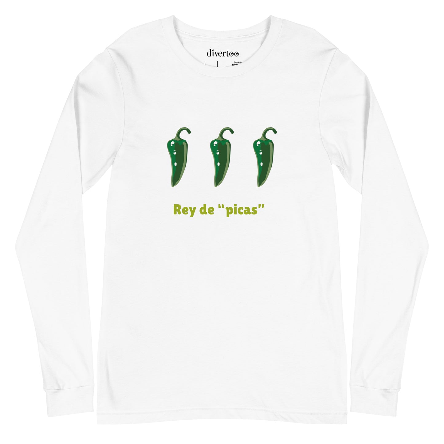 Camiseta blanca de manga larga con tres chiles verdes y el texto 'Rey de "picas"'.