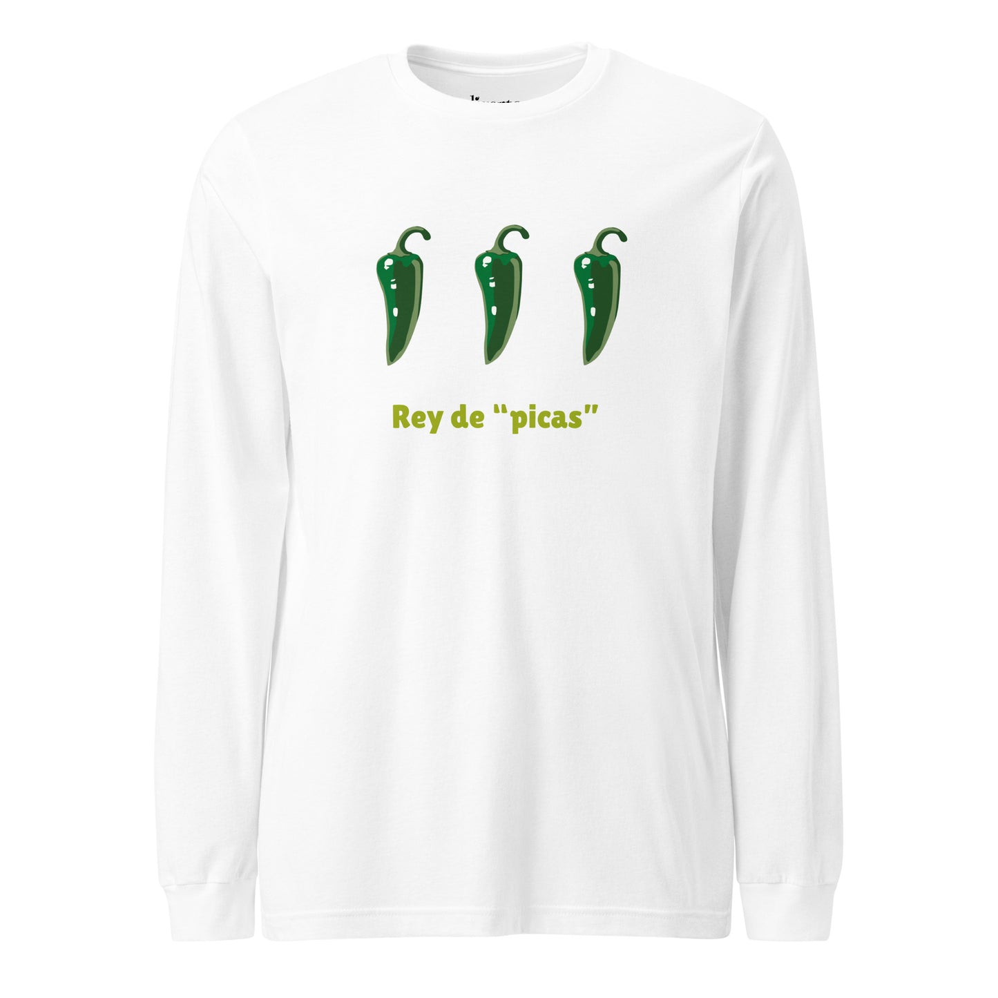 Camiseta blanca de manga larga con tres chiles verdes y el texto 'Rey de "picas"'.