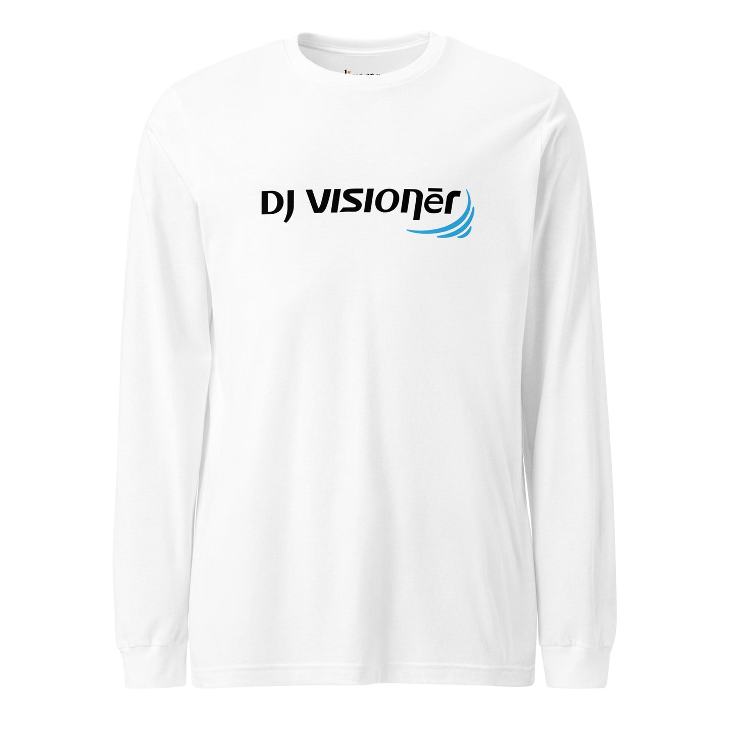 Camiseta manga larga blanca con el logotipo de DJ VISIONER en negro y azul 