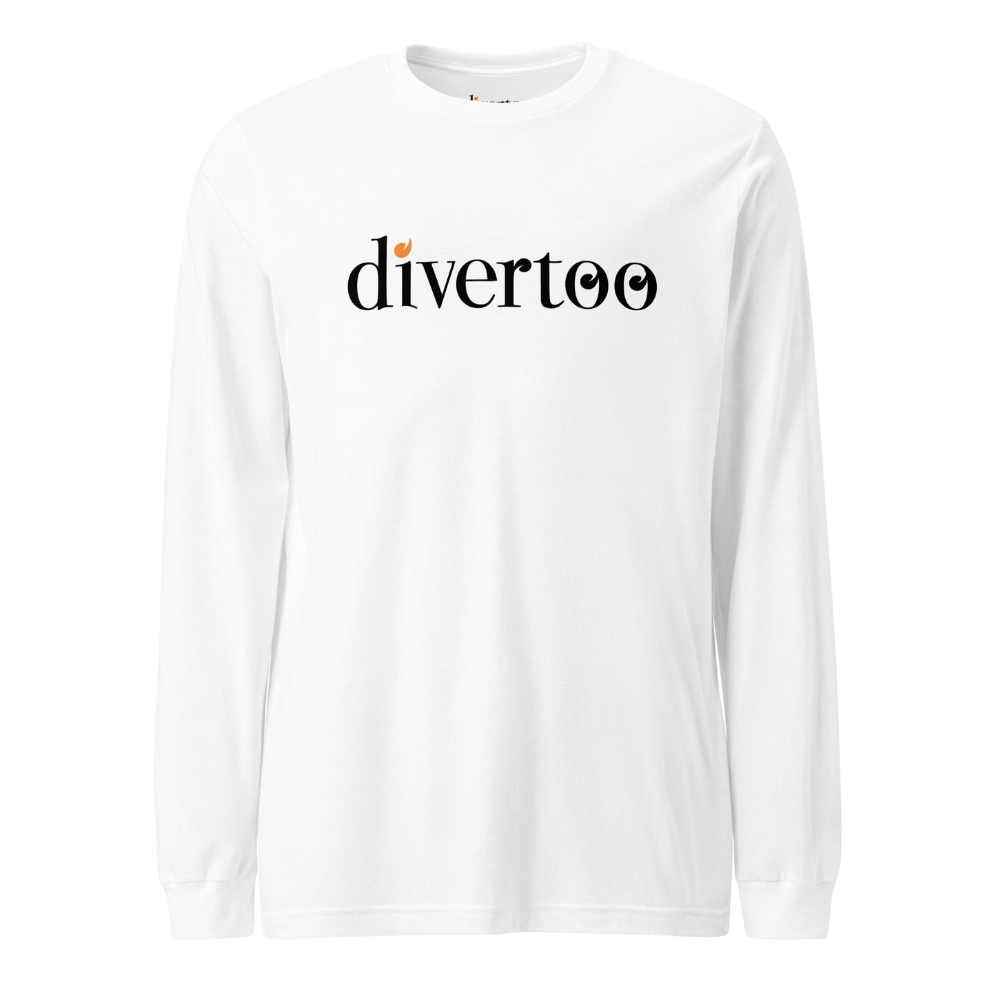 Camiseta manga larga blanca con el logotipo de divertoo, con el punto de la "i" de color naranja.